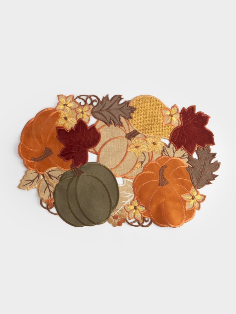 Салфетка под приборы, 30х45 см, полиэстер, овальная, бежевая, Тыквы в листьях, Bright pumpkin