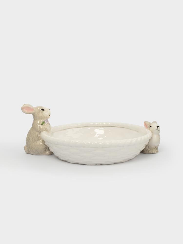 Ваза для фруктов, 26х6 см, керамика, молочно-серая, Кролики с корзинкой, Brown Rabbit