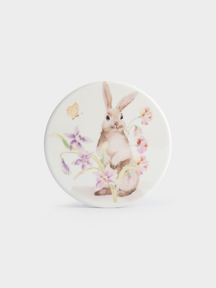 Подставка под кружку, 11 см, круглая, керамика/пробка, белая, Кролик в цветах, Flower Rabbit