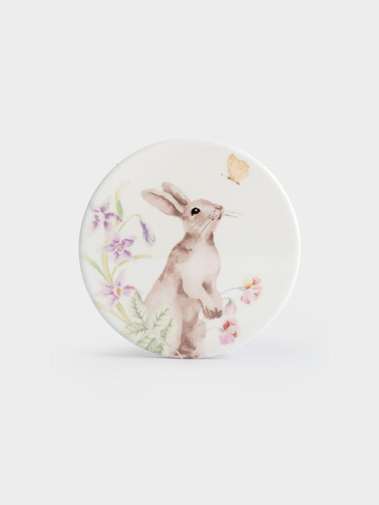 Подставка под кружку, 11 см, круглая, керамика/пробка, белая, Кролик в цветах, Flower Rabbit