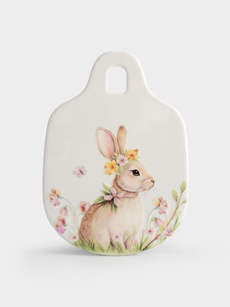 Подставка под горячее, 15x21 см, керамика/пробка, белая, Кролик с венком в цветах, Easter rabbit
