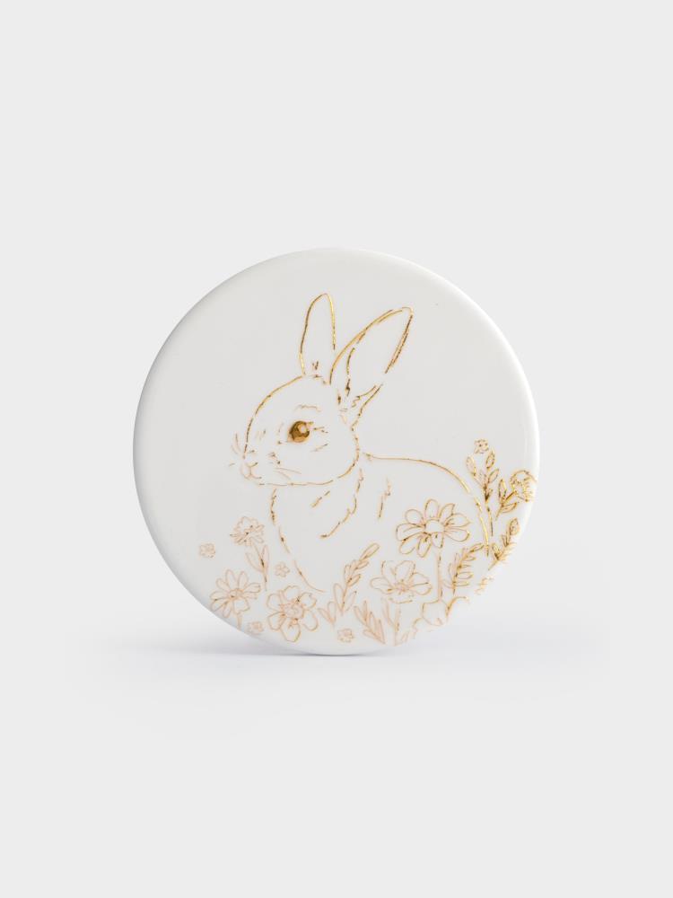 Подставка под кружку, 11 см, круглая, керамика/пробка, белая, Золотистый кролик, White Rabbit