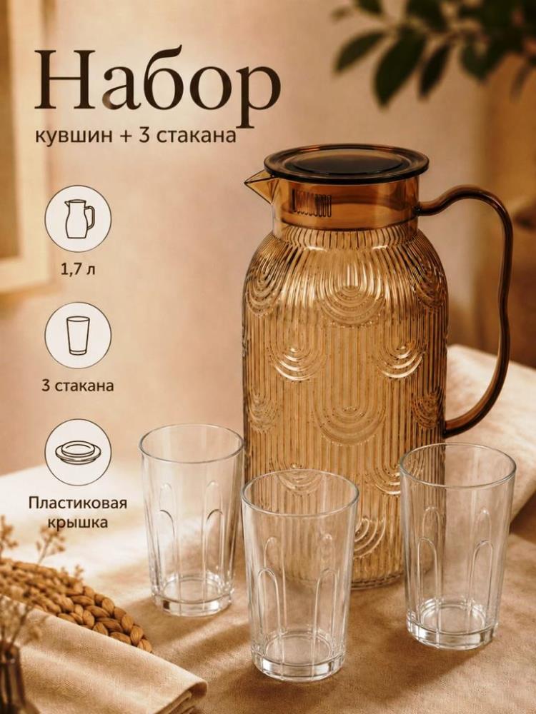Набор 4 пр.- Кувшин-графин 1,7 л 14,5*11,5*23,5 см + Стакан 3 пр. 260 мл 7*7*9,5 см пластик Набор 4 пр.- Кувшин-графин 1,7 л 14,5*11,5*23,5 см + Стакан 3 пр. 260 мл 7*7*9,5 см пластик