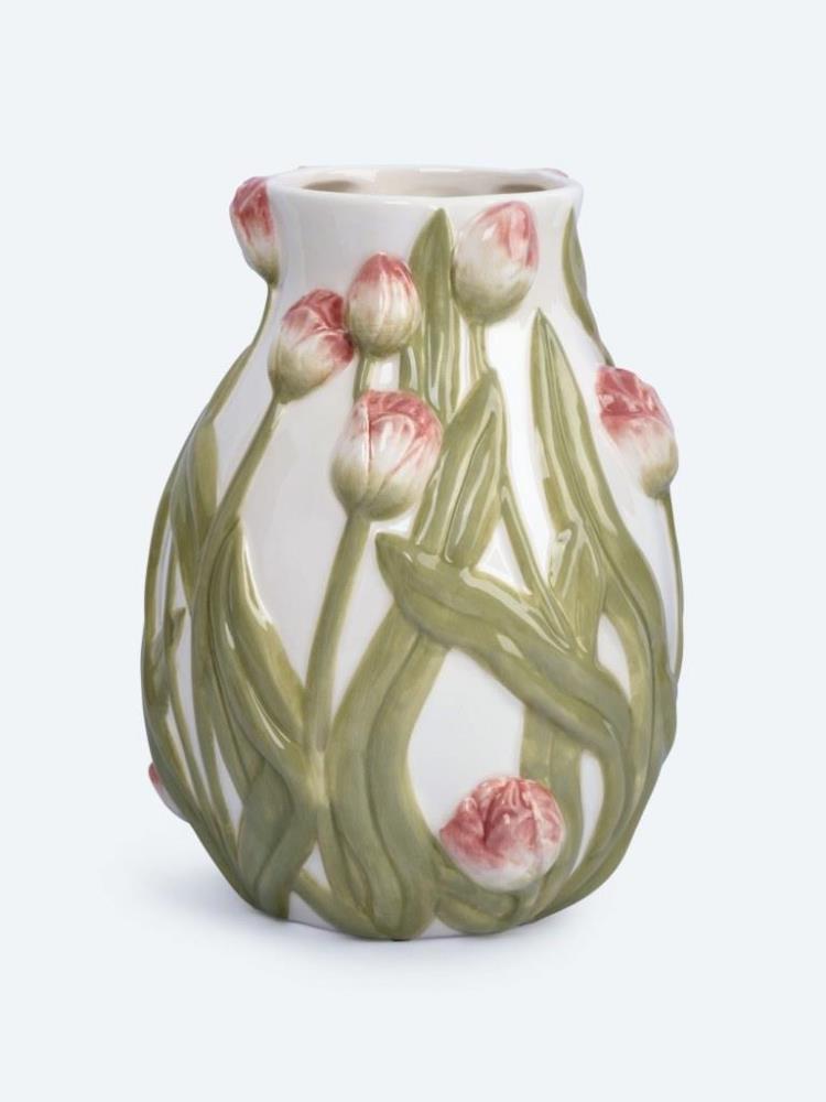 Ваза для цветов, 19 см, керамика, молочная, Розовые тюльпаны, Tulip