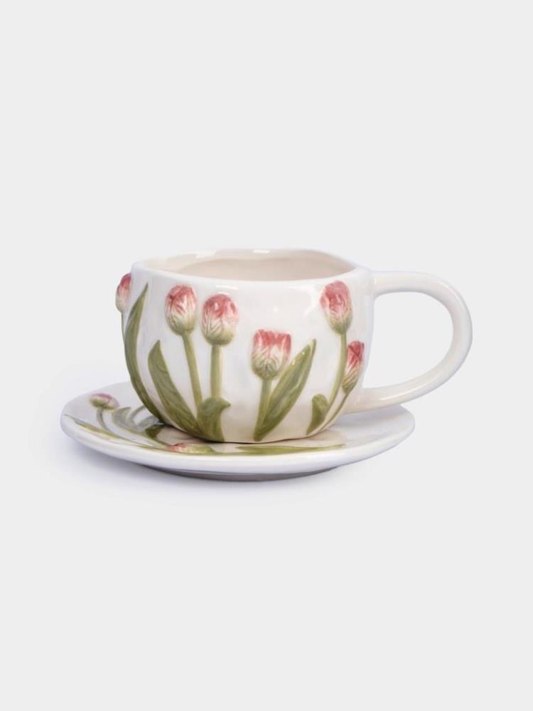 Пара чайная, 1 перс, 2 пр, 370 мл, керамика, молочная, Тюльпаны, Tulip