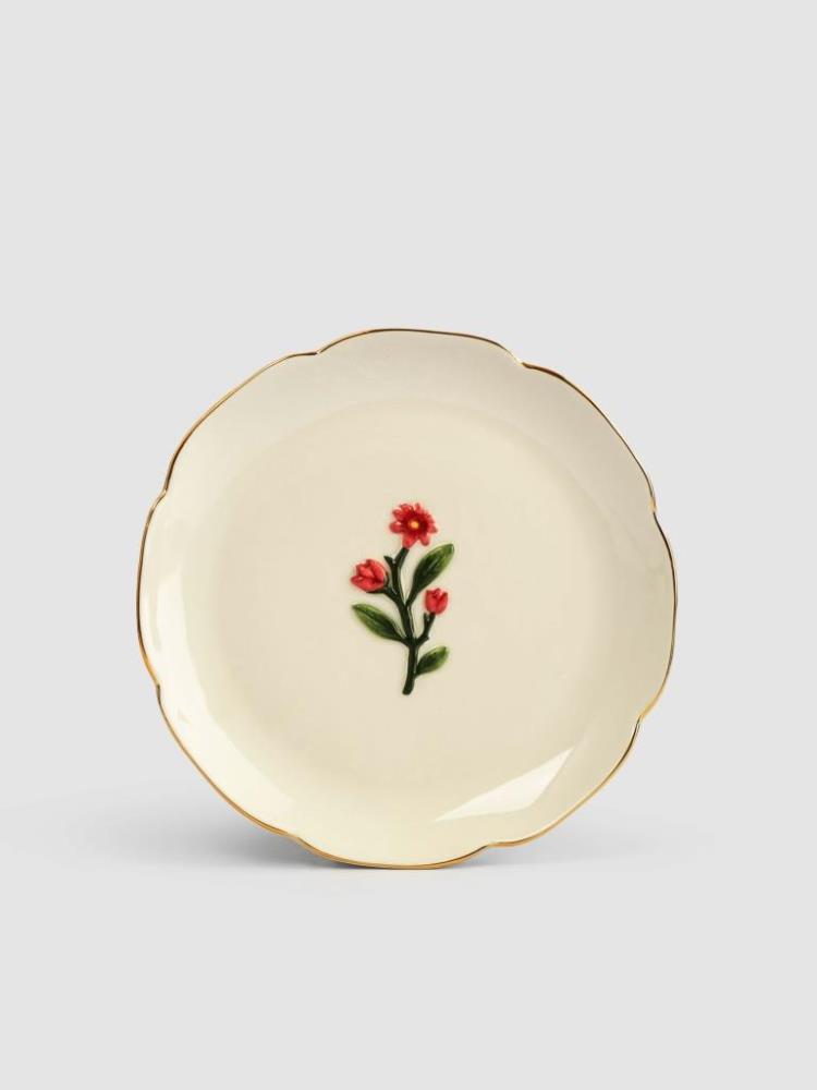 Тарелка десертная, 17 см, керамика, молочная, с золотистым кантом, Фиолетовые цветы, Gentle flower