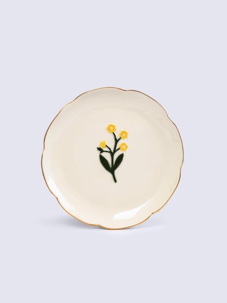 Тарелка десертная, 17 см, керамика, молочная, с золотистым кантом, Желтые цветы, Gentle flower