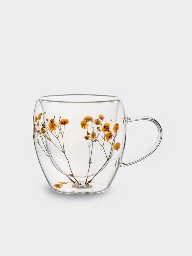 Кружка, 240 мл, стекло Б, с сухоцветами внутри, Желтые цветы, Wind-mystery