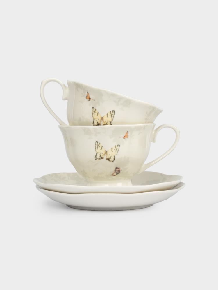 Пара чайная, 2 перс, 4 пр, 210 мл, фарфор N, бежевая, Бабочки, Butterfly garden