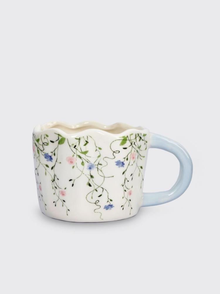 Кружка, 460 мл, керамика, молочно-голубая, Цветы, Mint flowers