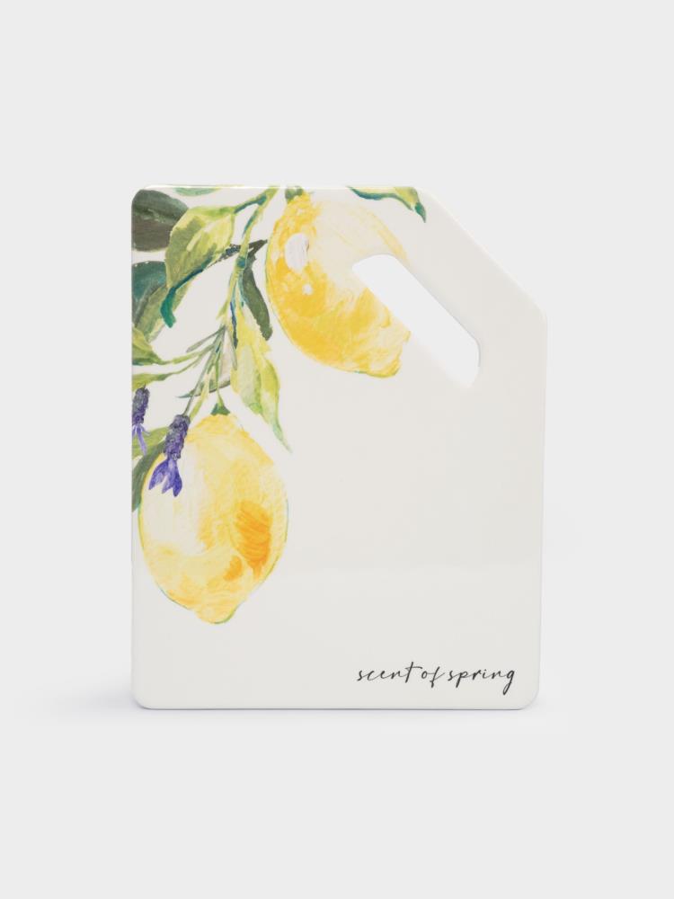 Подставка под горячее, 24x18 см, с ручкой, керамика/пробка, белая, Лимон на ветке, Palermo