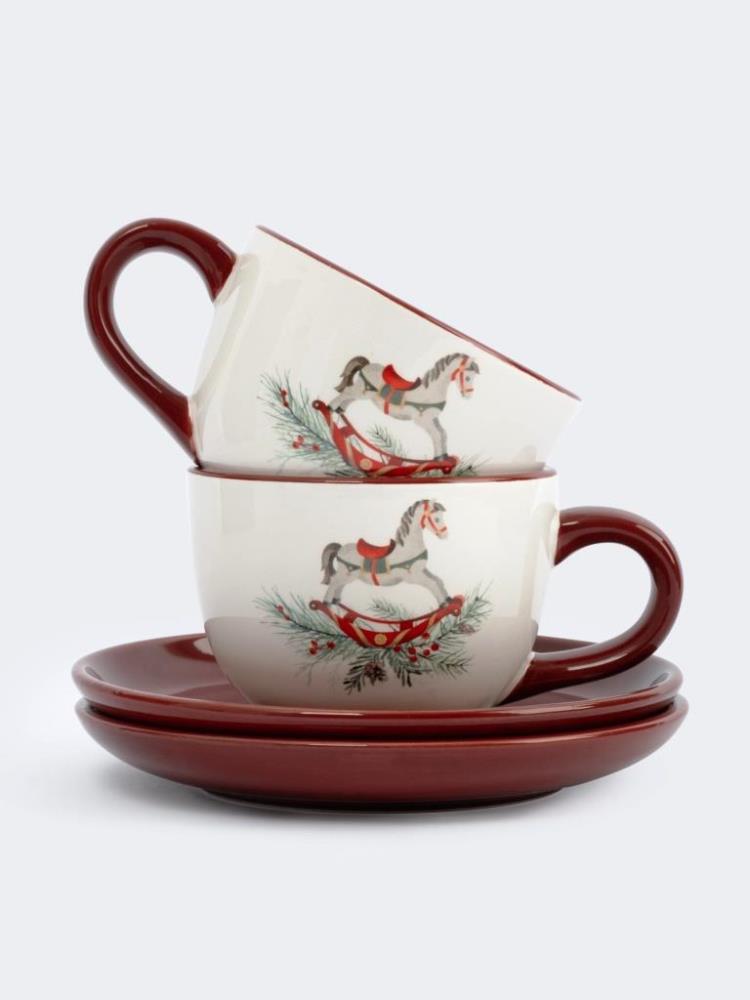 Пара чайная, 220 мл, 2 перс, 4 пр, керамика, красная, Лошадка, Festival