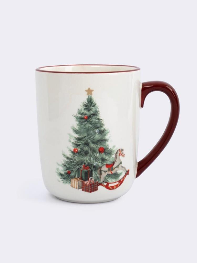 Кружка, 540 мл, керамика, красная, Лошадка у елки, Festival
