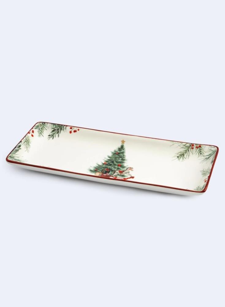 Блюдо, 34х13 см, доломитовая керамика, прямоугольное, красная, Лошадка у елки, Festival