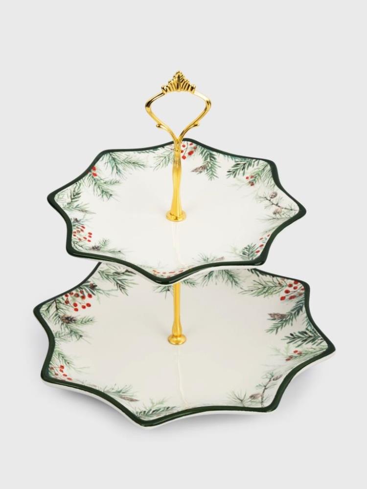 Подставка для пирожных, 25х20/24 см, 2 яруса, керамика/металл, Еловые ветки, Festival