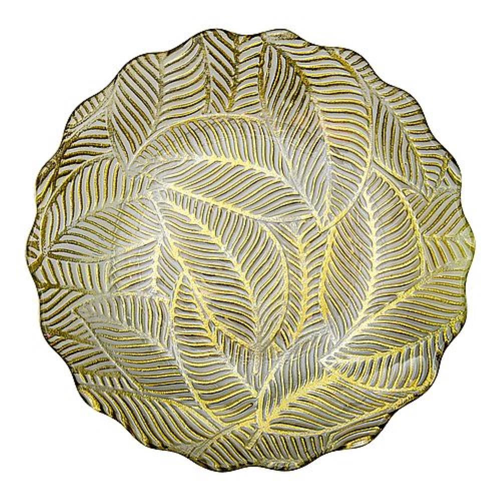 Блюдо стеклянное с волнистыми краями Листья, D305, прозрачный, золотой