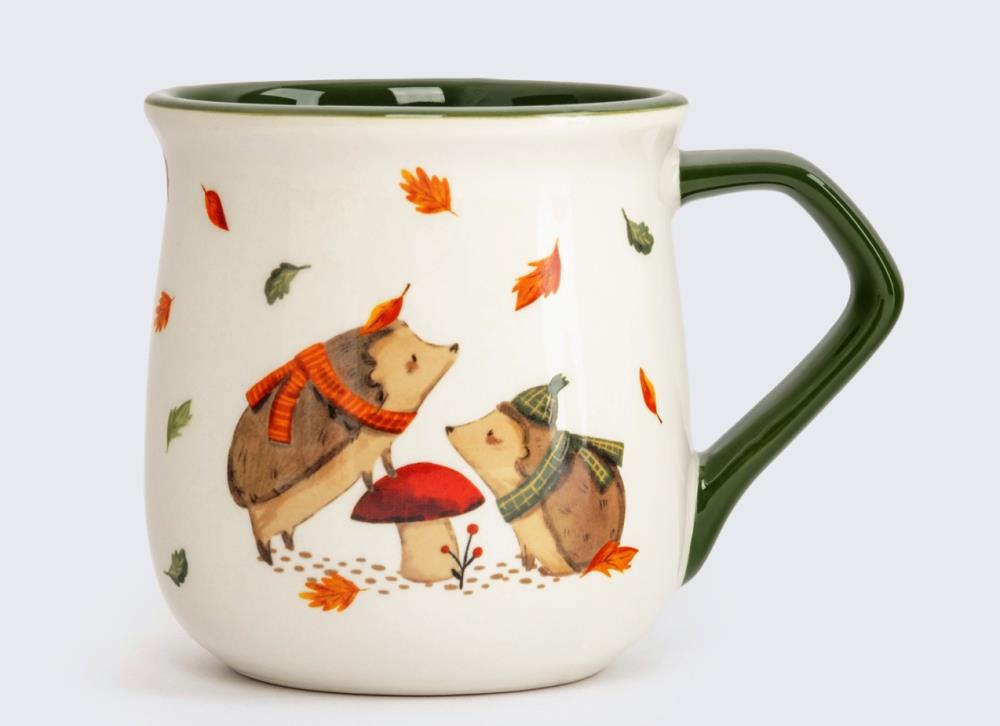 Кружка, 400 мл, керамика D, бело-зеленая, Ежи у гриба, Autumn friends
