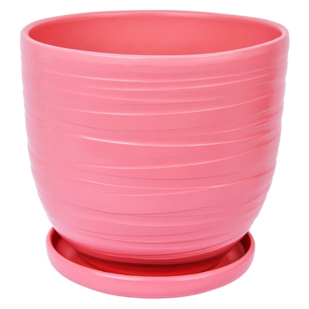 Керамический горшок Рельеф с подставкой, 4,7 л., Д215 Ш215 В200, розовый