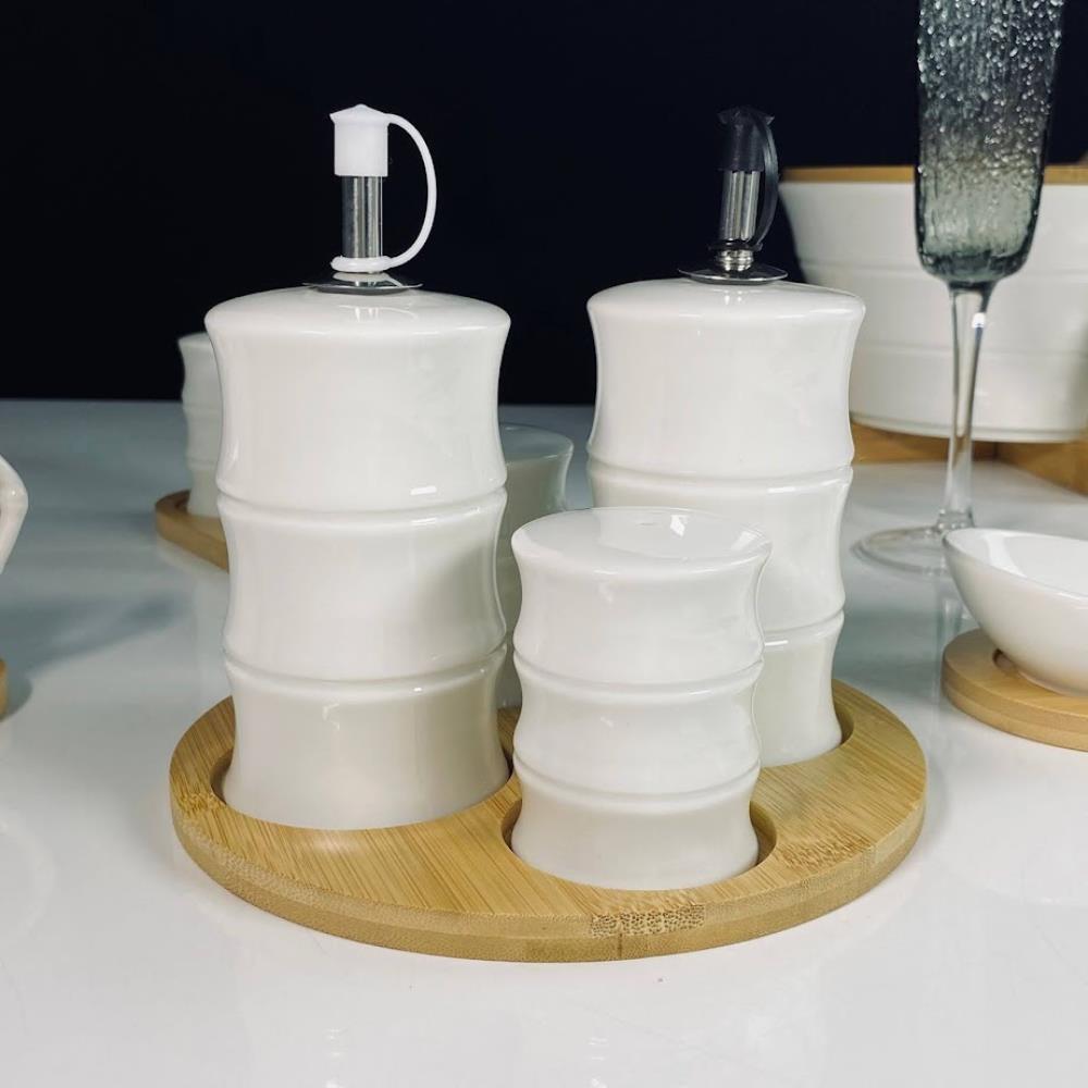 140-161 Набор для специй  и бутылки для масла/уксуса 4пр. на подставке BAMBOO в под.уп.(х24)Фарфор