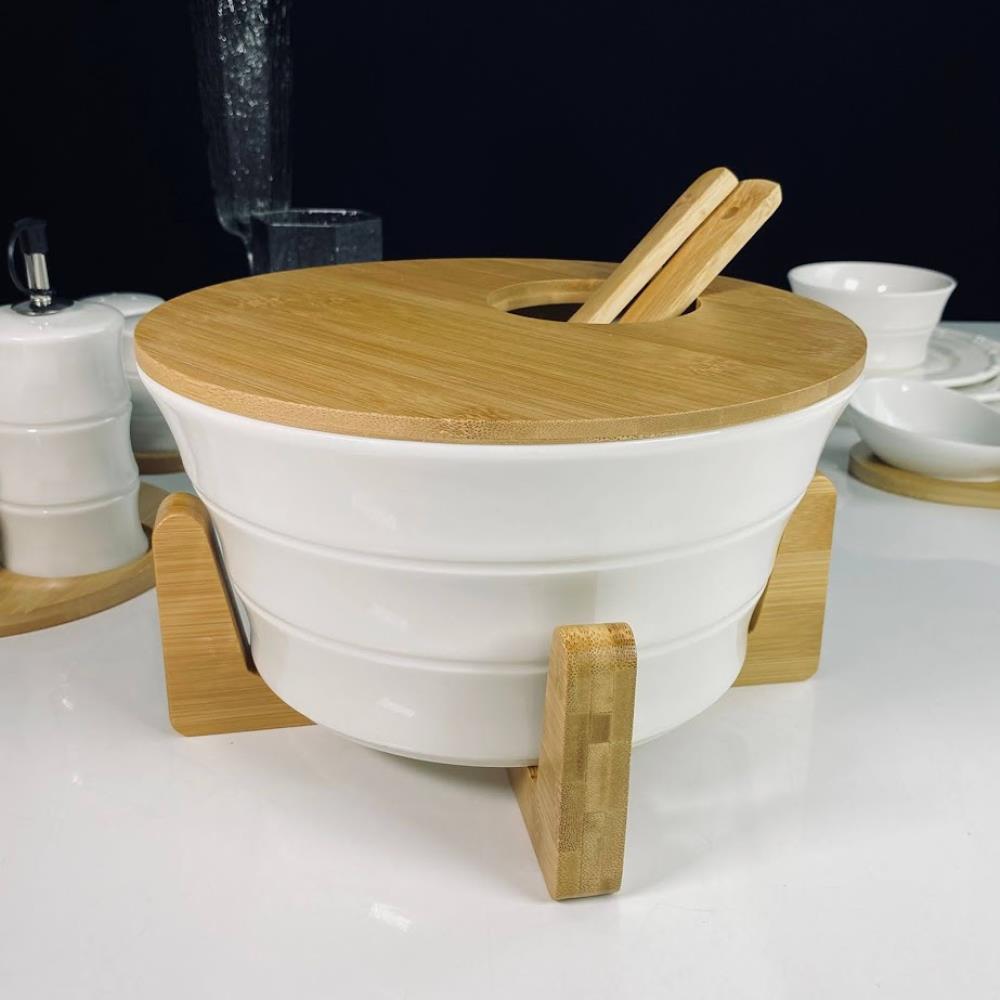 140-167 Набор салатник 25см. с 2 ложками и крышкой на подставке BAMBOO в под.уп.(х8)Фарфор