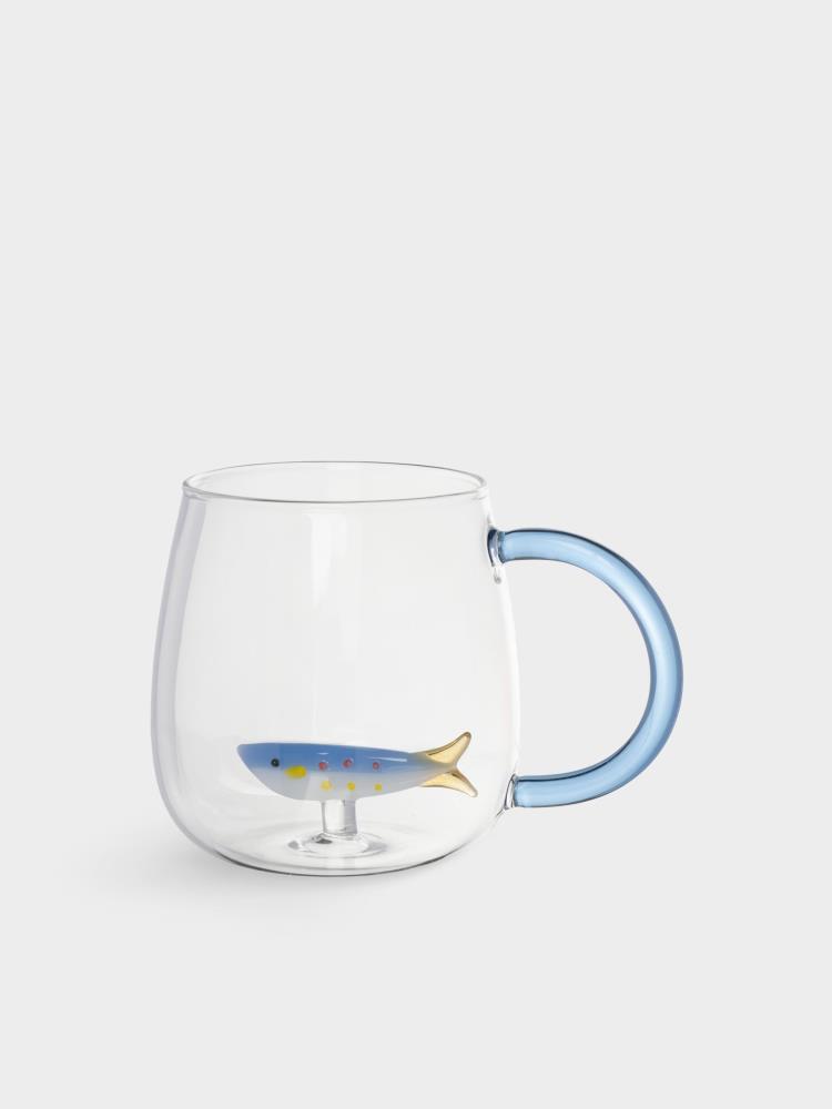 Кружка, 400 мл, стекло Б, голубая ручка, Рыбка, Sea world