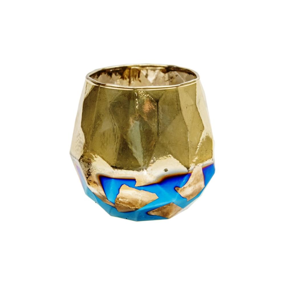 Декоративный стеклянный подсвечник, Д105 Ш105 В102, синий с золотым напылением