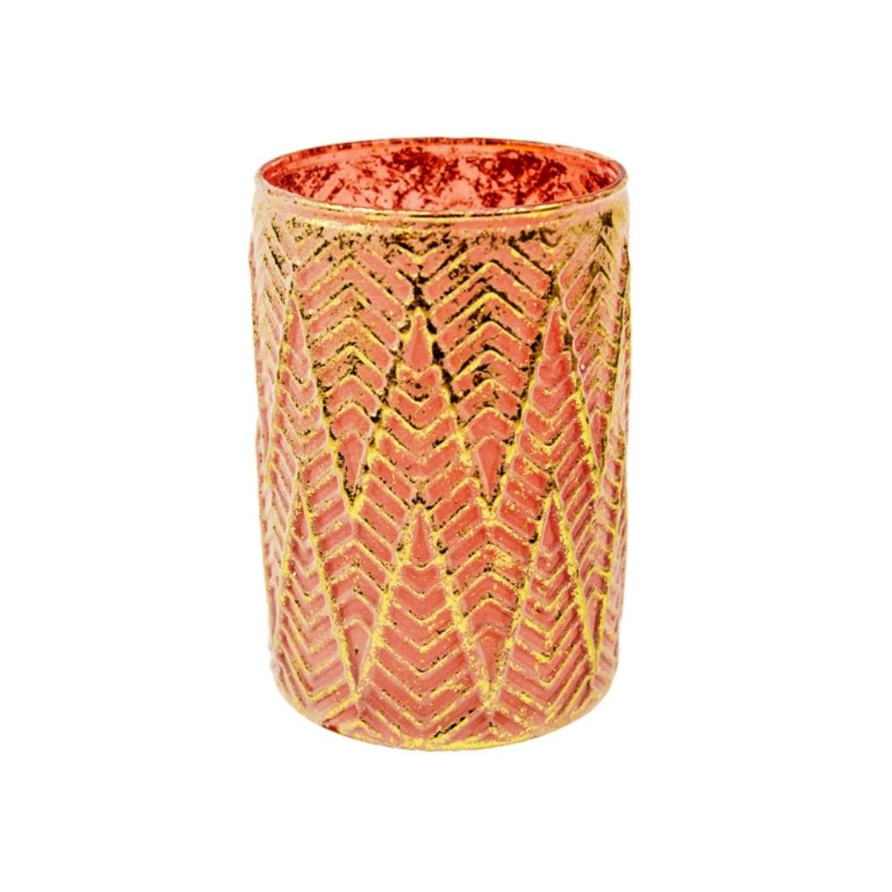 Декоративная стеклянная ваза-подсвечник, Д110 Ш110 В165, розовый с золотым напылением
