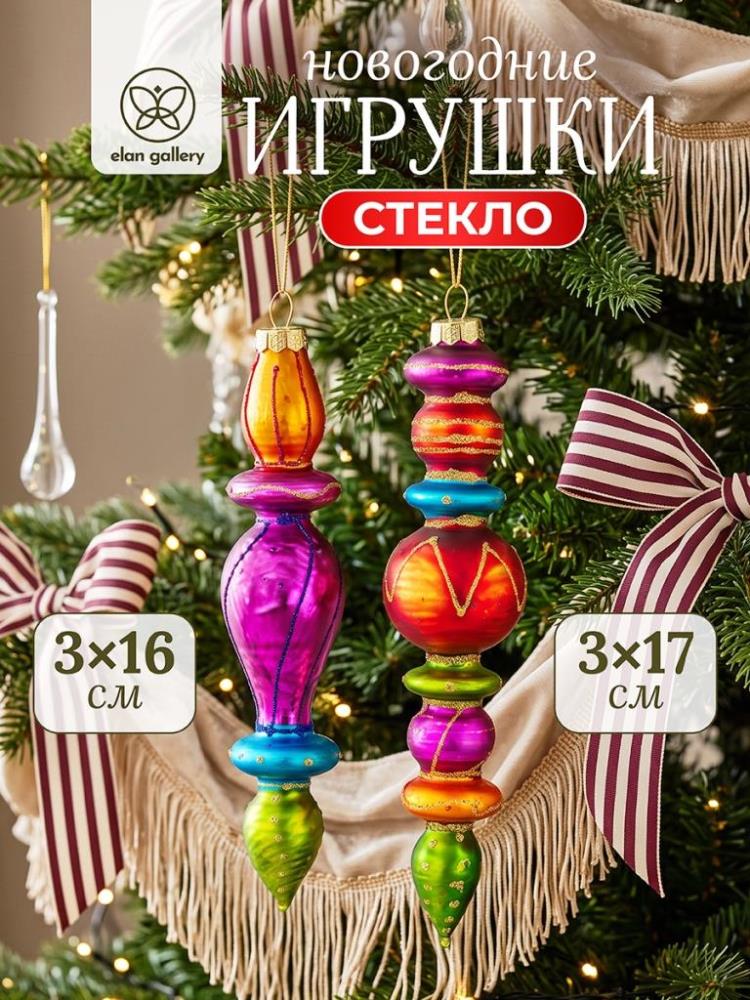 Набор стеклянных новогодних игрушек 2 пр. 3,7*15,5 см, 3*15,3 см Набор стеклянных новогодних игрушек 2 пр. 3,7*15,5 см, 3*15,3 см