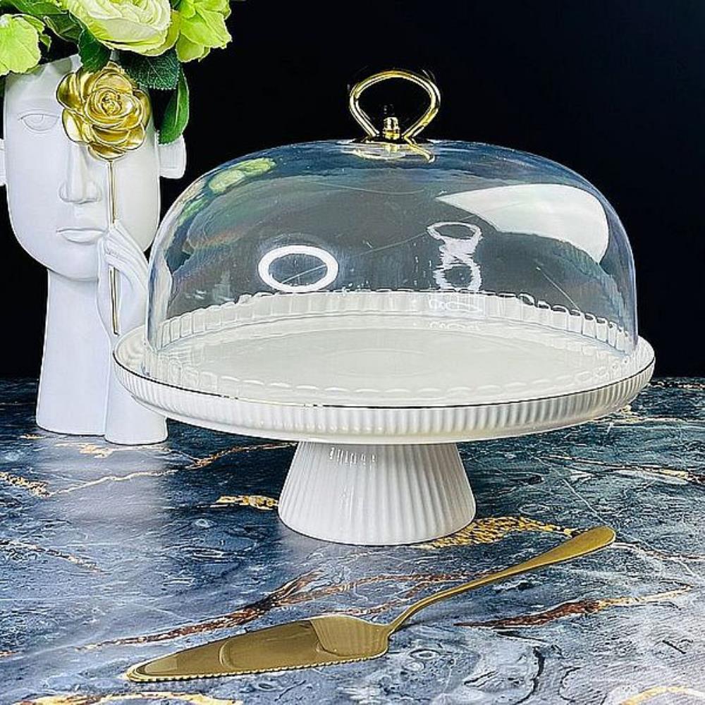 133-277 Тортовница 28см ЭЛЛАДА на ножке с крышкой и лопаткой в под.уп.(х6)Фарфор