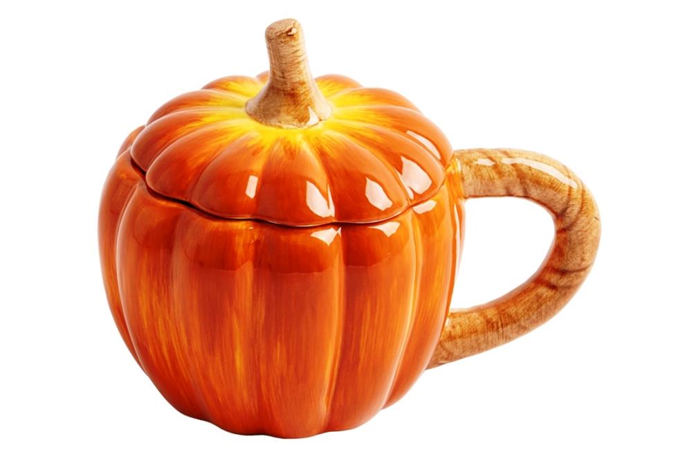 Кружка, 450 мл, с крышкой, керамика, оранжево-зеленая, Тыква, Bright pumpkin