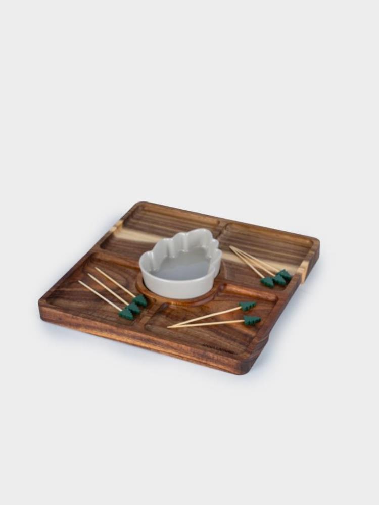 Менажница, 24 см, 4 отд, с пиалой, со шпажками, дерево/керамика, Шишка