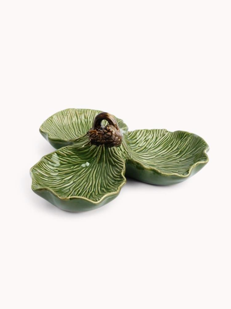 Менажница, с декором, 23 см, 3 отд, керамика, зеленая, Шишки на ветке, Fir branch