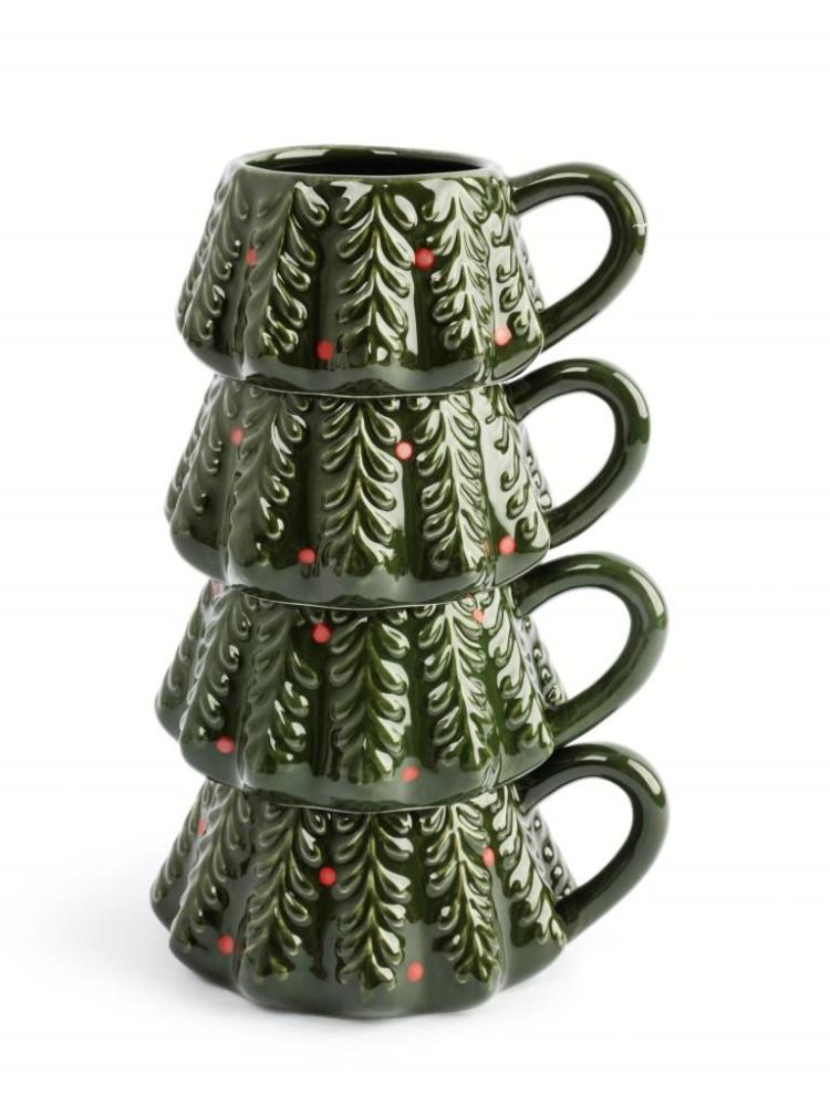 Кружка, 350 мл, 4 шт, фарфор P, зеленая, Елка, Fir
