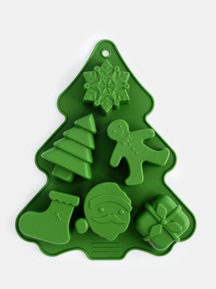 Форма для выпечки кексов, 23х18 см, 6 отд, силикон, зеленая, Елка, Muffin