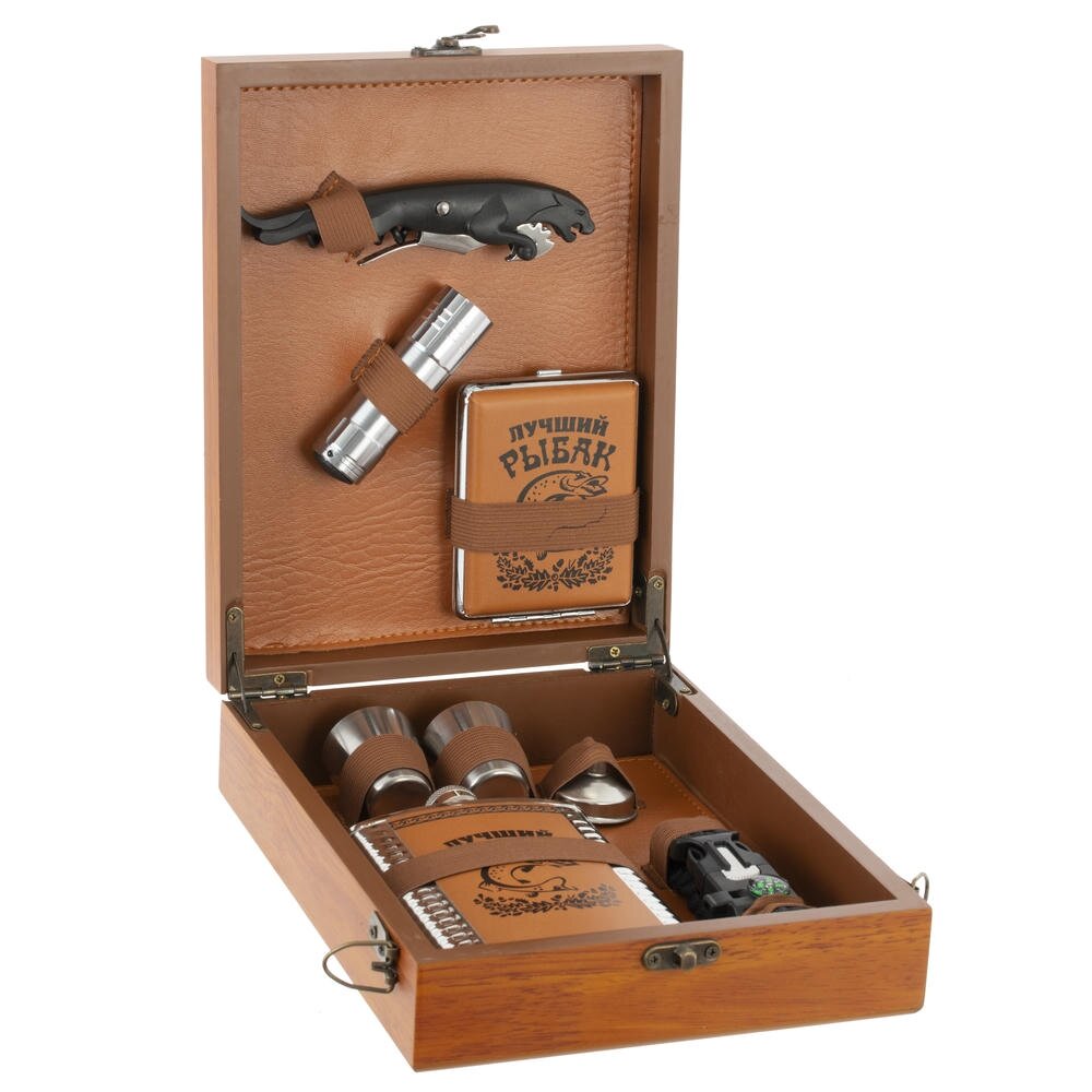 Набор подарочный (фляжка 220 мл, 2 стопки, воронка, портсигар, фонарь, мультитул), L18,5 W24 H6,5 см Набор подарочный (фляжка 220 мл, 2 стопки, воронка, портсигар, фонарь, мультитул), L18,5 W24 H6,5 см