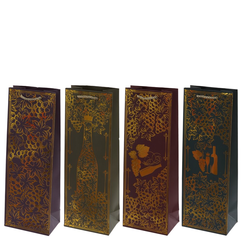 Пакет подарочный для бутылок (бумага 210г/м2, блок 12шт), L13 W8,5 H36 см, 4в.