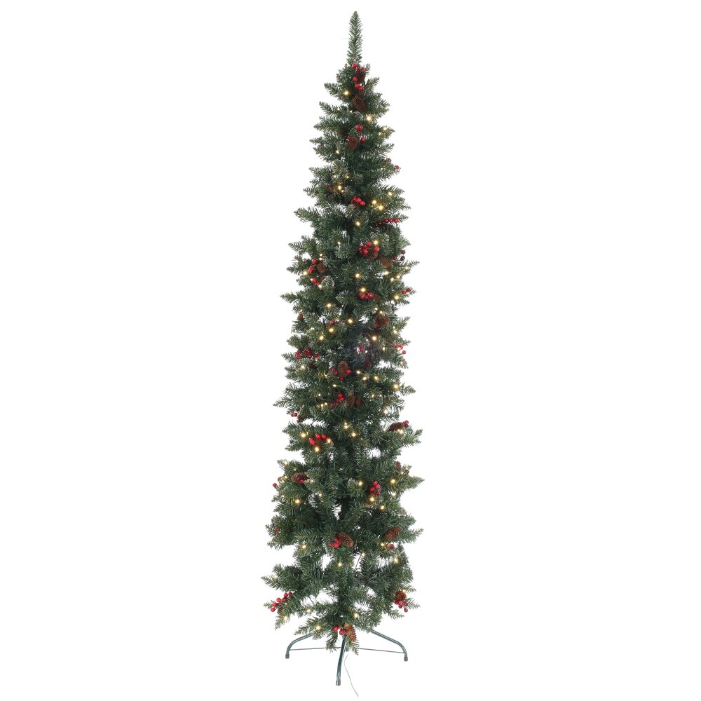 Ёлка искусств с подсвет (шишки+ягоды), D55 H210 см, 300 LED, тепл бел, 8 реж, от сети, провод 2,1м